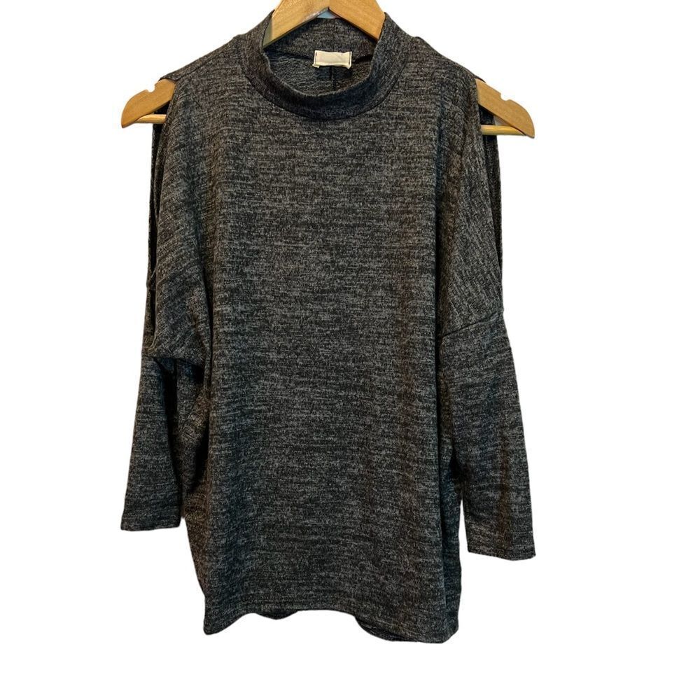 CAUTION TO THE WIND Dark Heather Grey Cold Shoulder Soft High Neck Top S